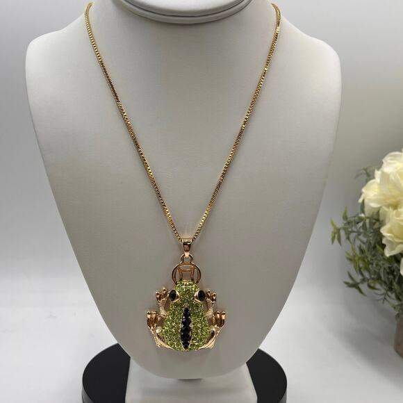 Betsey johnson Gold-tone Frog Green Black Rhinestones Pendant Necklace - Picture 1 of 8